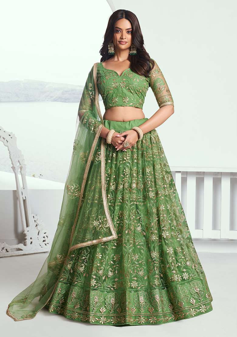 Pista Green Embroidered Net Lehenga Set With Dupatta - Indya