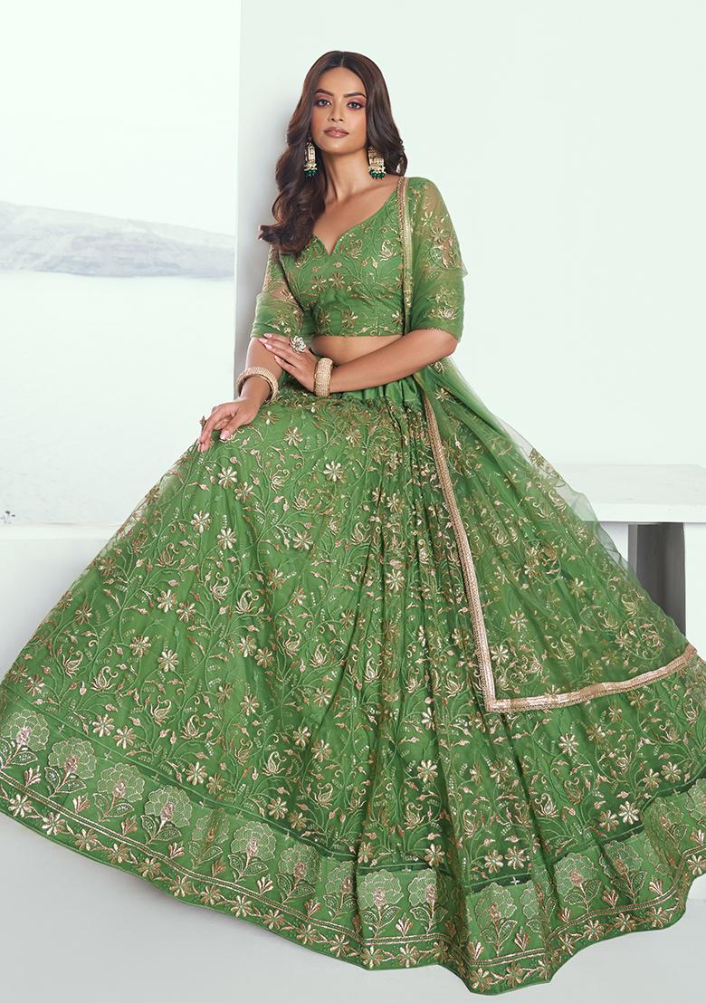 Pista Green Embroidered Net Lehenga Set With Dupatta