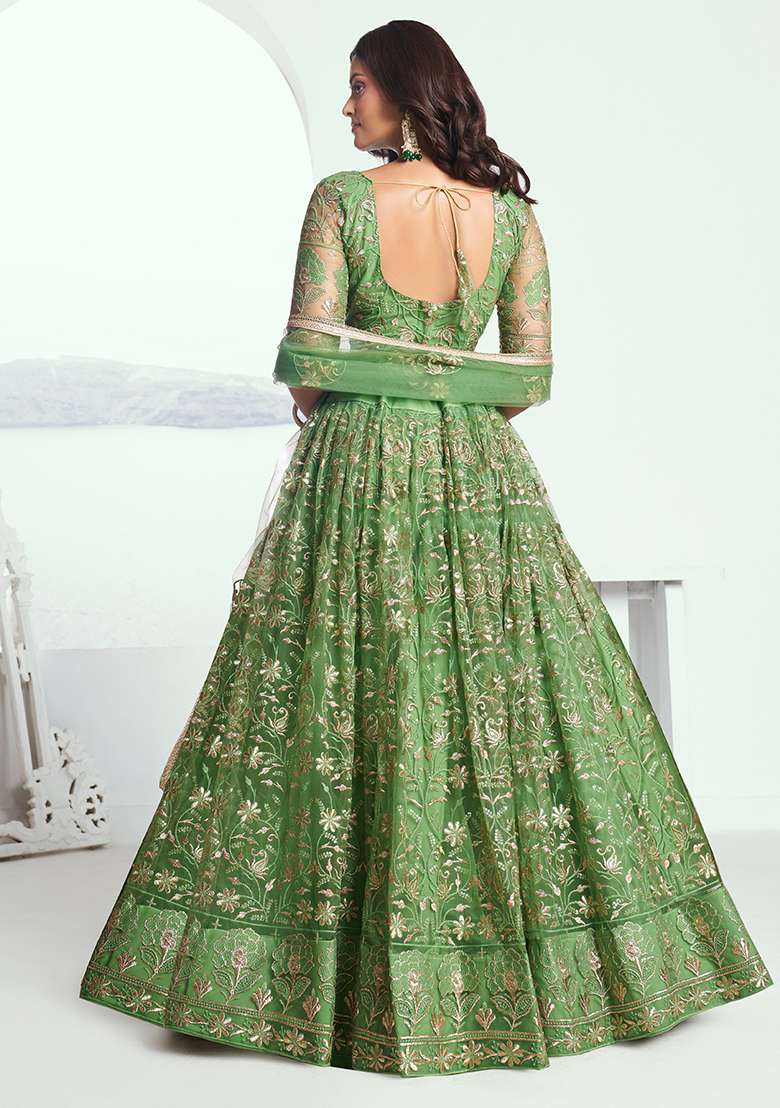 Pista Green Embroidered Net Lehenga Set With Dupatta - Indya