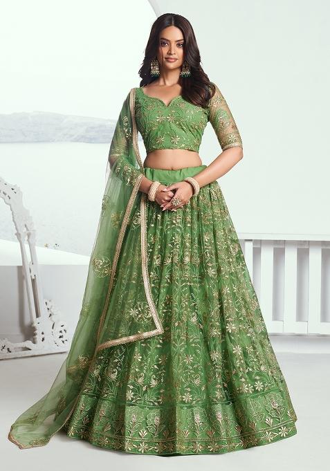 Pista Green Embroidered Net Lehenga Set With Dupatta