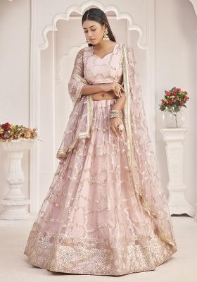 Baby Pink Embroidered Net Lehenga Set With Dupatta