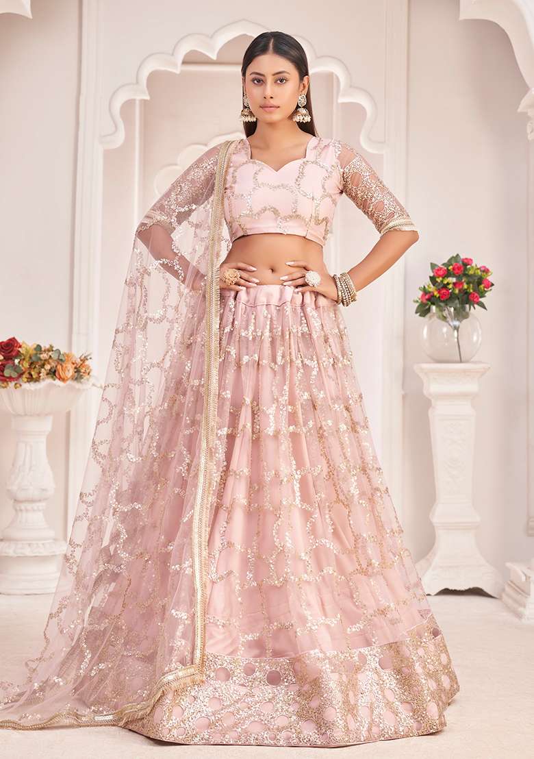 Baby Pink Embroidered Net Lehenga Set With Dupatta for Diwali and Festive Wear - Indya