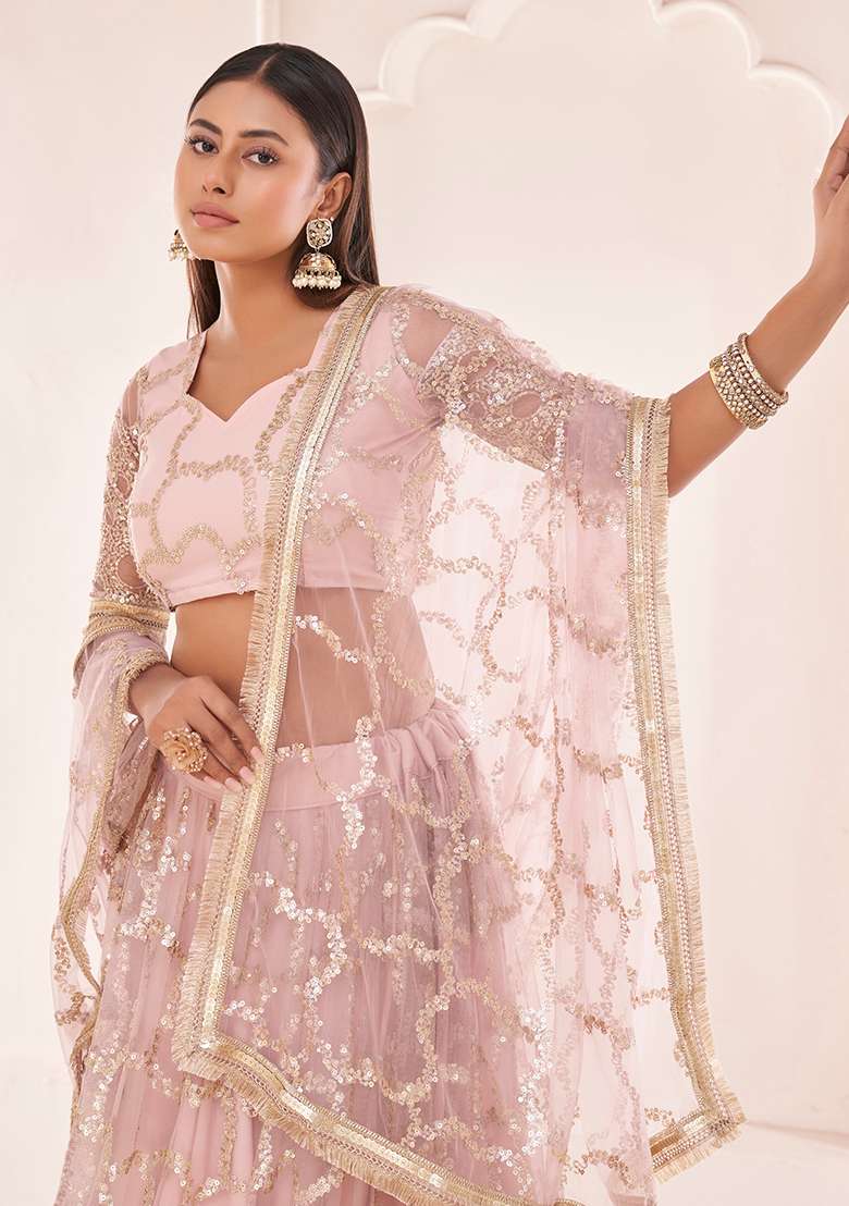 Baby Pink Embroidered Net Lehenga Set With Dupatta for Diwali and Festive Wear - Indya