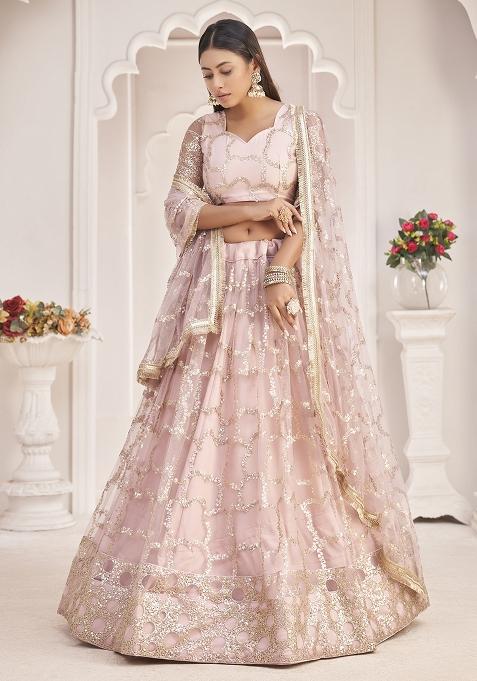 Baby Pink Embroidered Net Lehenga Set With Dupatta