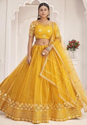 Yellow Embroidered Net Lehenga Set With Dupatta