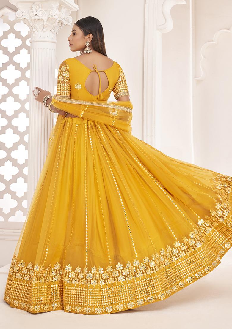 Yellow Embroidered Net Lehenga Set With Dupatta
