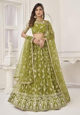 Green Embroidered Net Lehenga Set With Dupatta