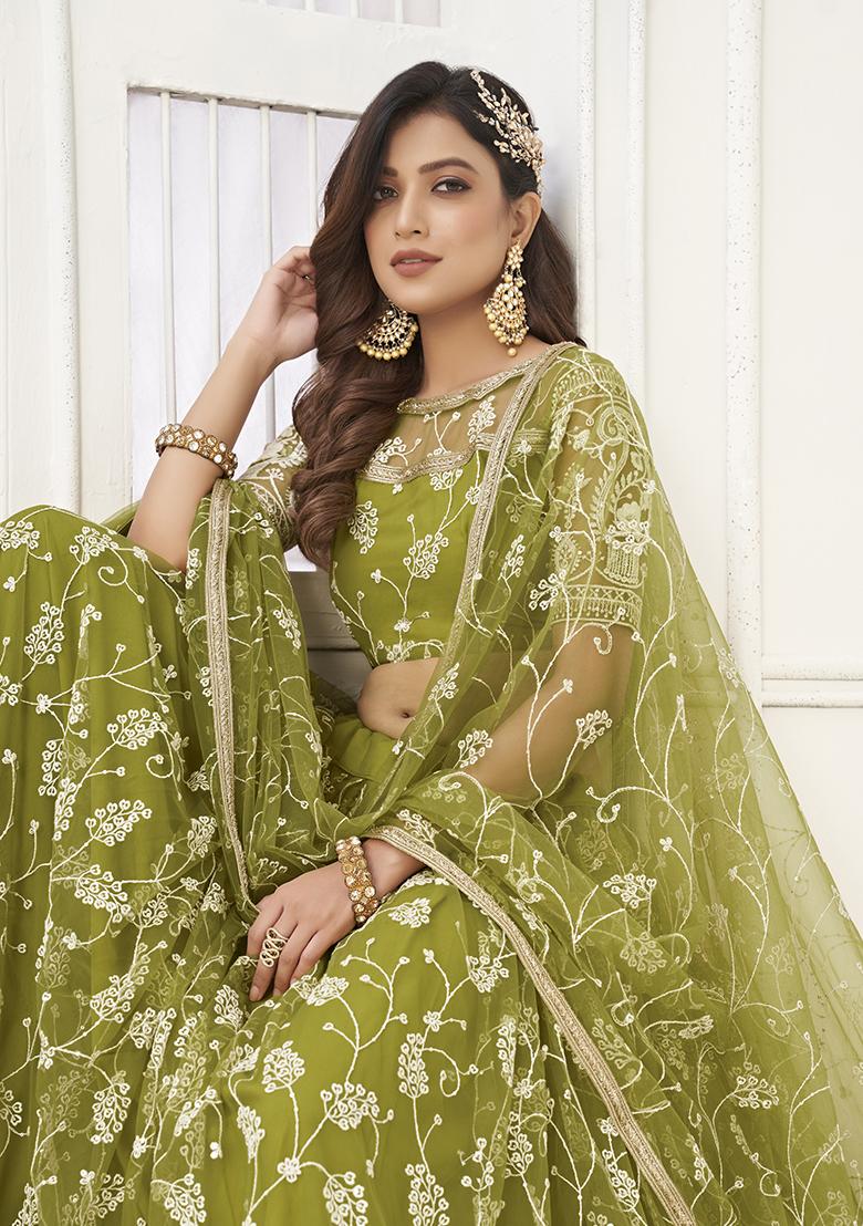 Green Embroidered Net Lehenga Set With Dupatta