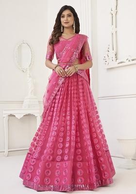 Pink Embroidered Net Lehenga Set With Dupatta