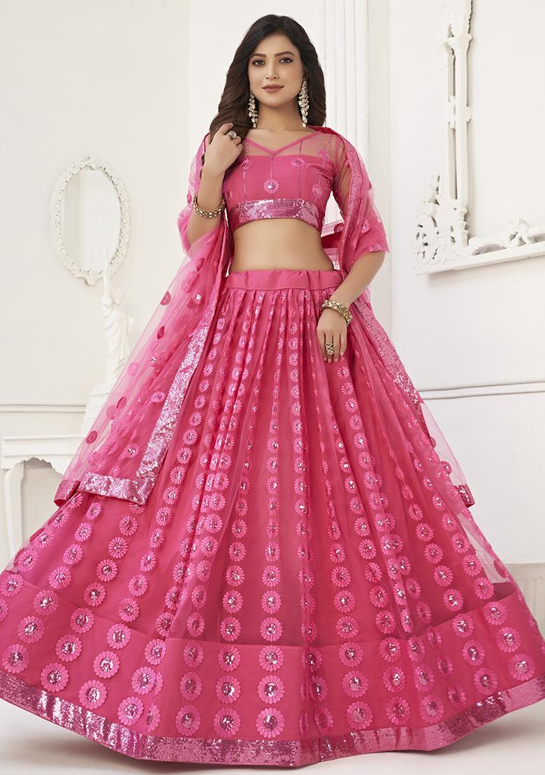 Pink Embroidered Net Lehenga Set With Dupatta