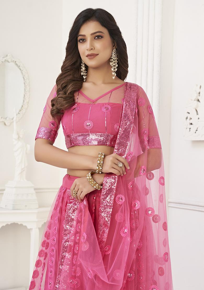 Pink Embroidered Net Lehenga Set With Dupatta