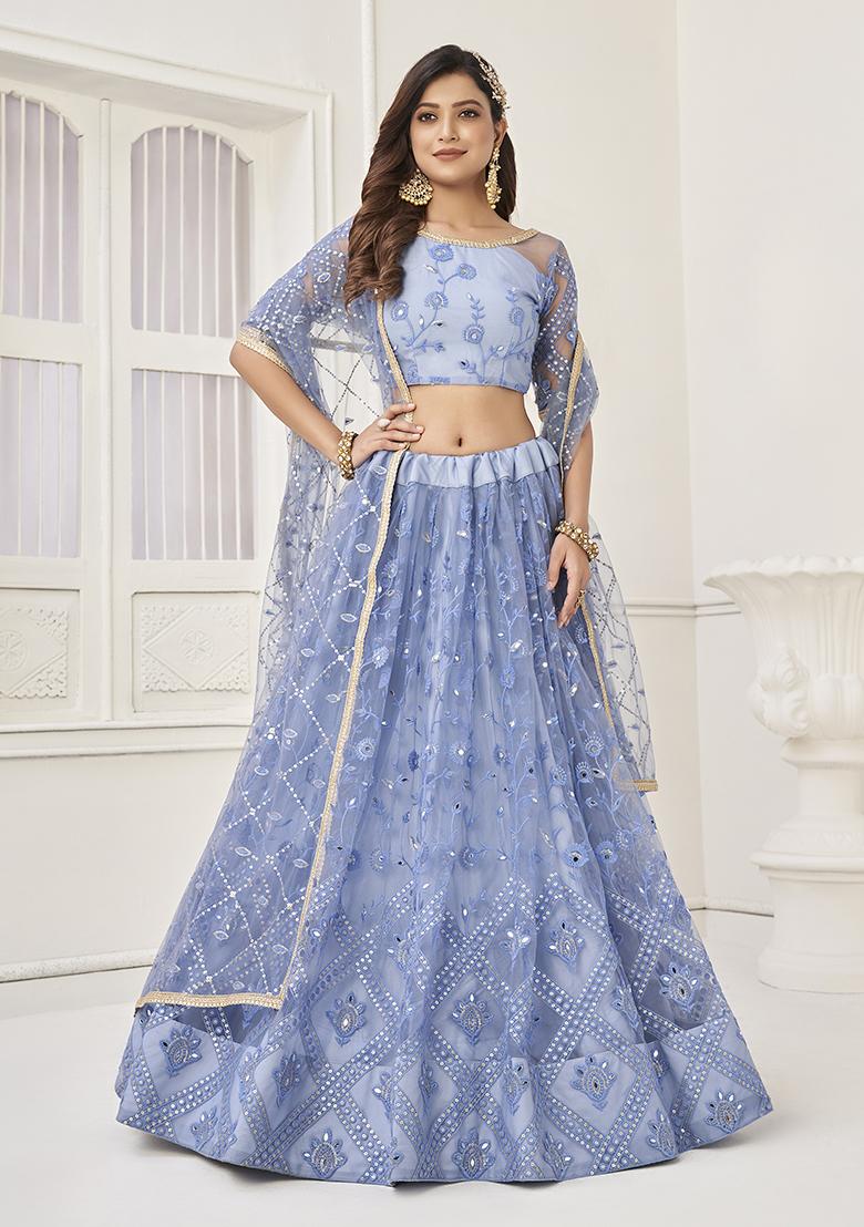 Blue Embroidered Net Lehenga Set With Dupatta