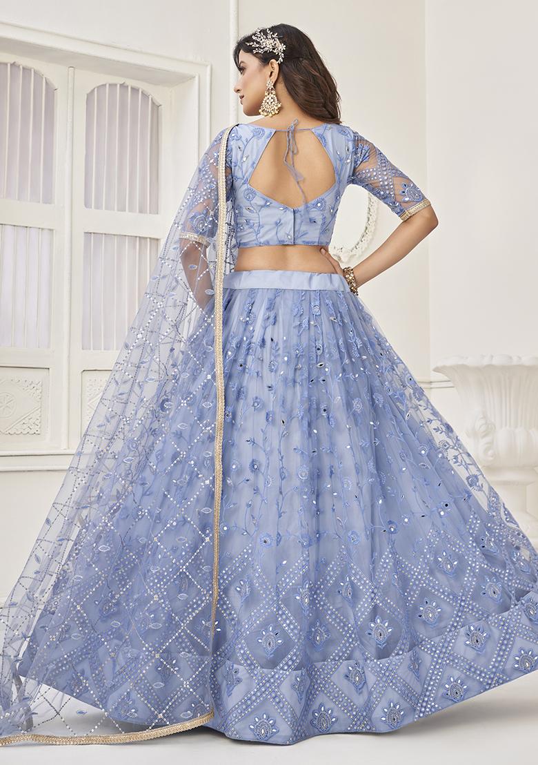 Blue Embroidered Net Lehenga Set With Dupatta