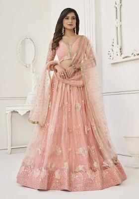 Peach Embroidered Net Lehenga Set With Dupatta