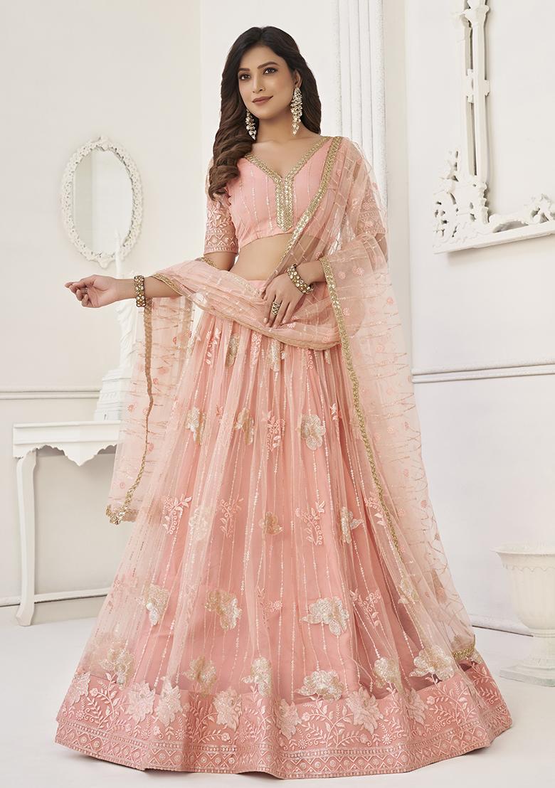 Peach Embroidered Net Lehenga Set With Dupatta