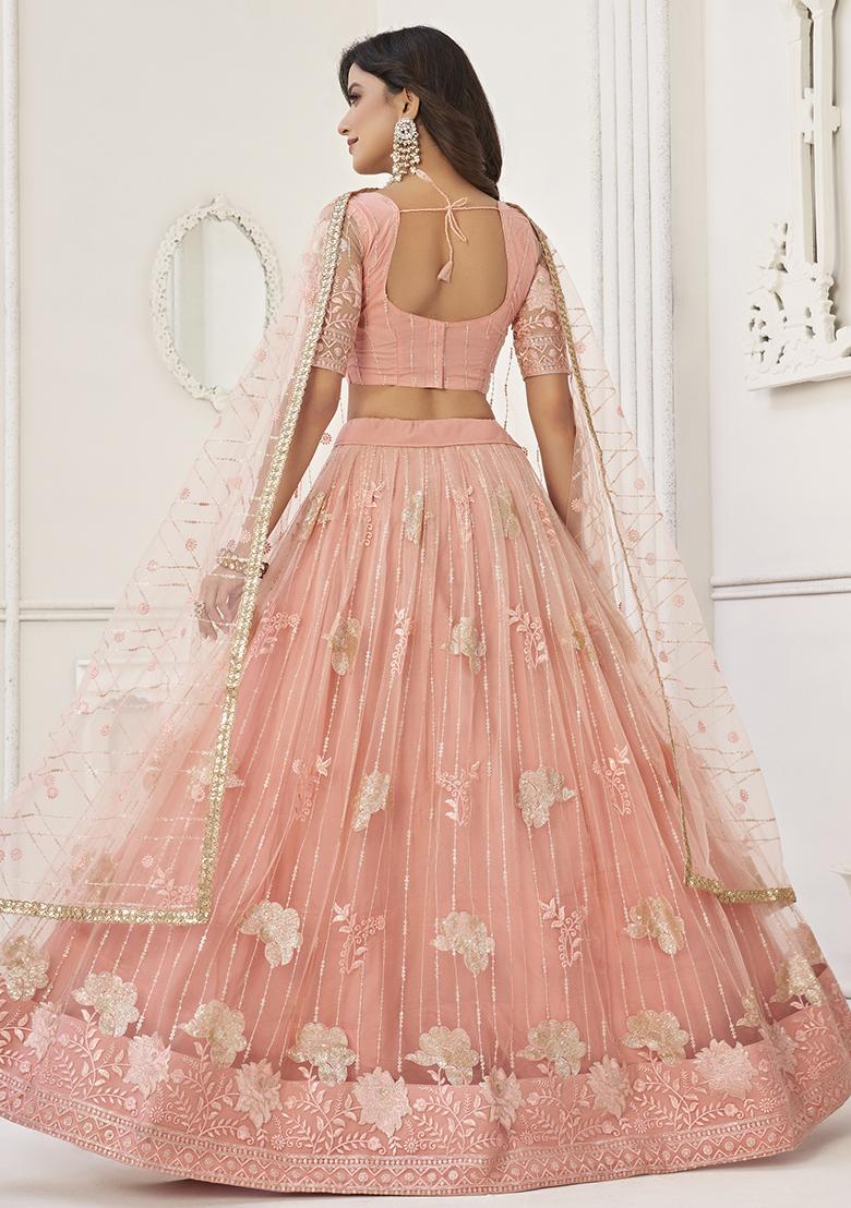 Peach Embroidered Net Lehenga Set With Dupatta