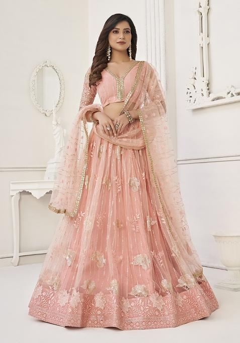 Peach Embroidered Net Lehenga Set With Dupatta