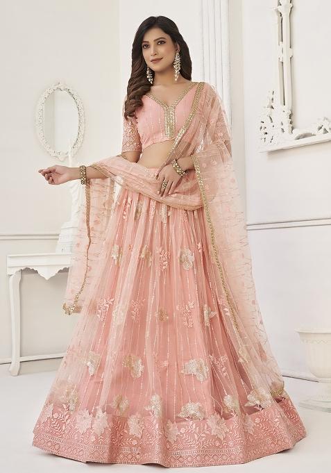 Peach Embroidered Net Lehenga Set With Dupatta