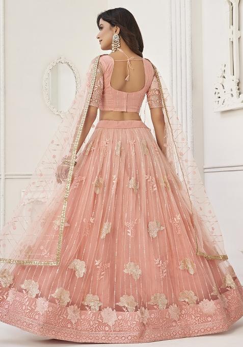 Peach Embroidered Net Lehenga Set With Dupatta