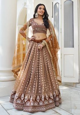 Brown Embroidered Net Lehenga Set With Dupatta
