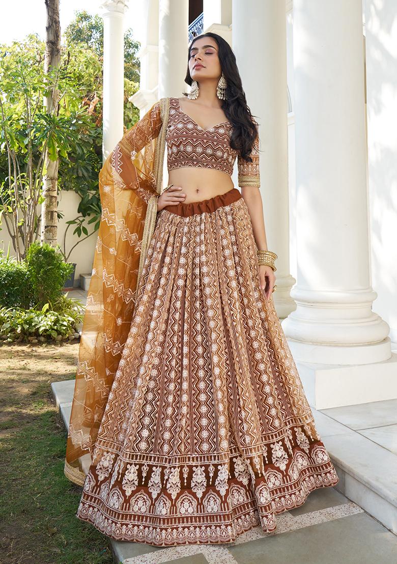 Brown Embroidered Net Lehenga Set With Dupatta