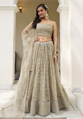 Ivory Embroidered Net Lehenga Set With Dupatta