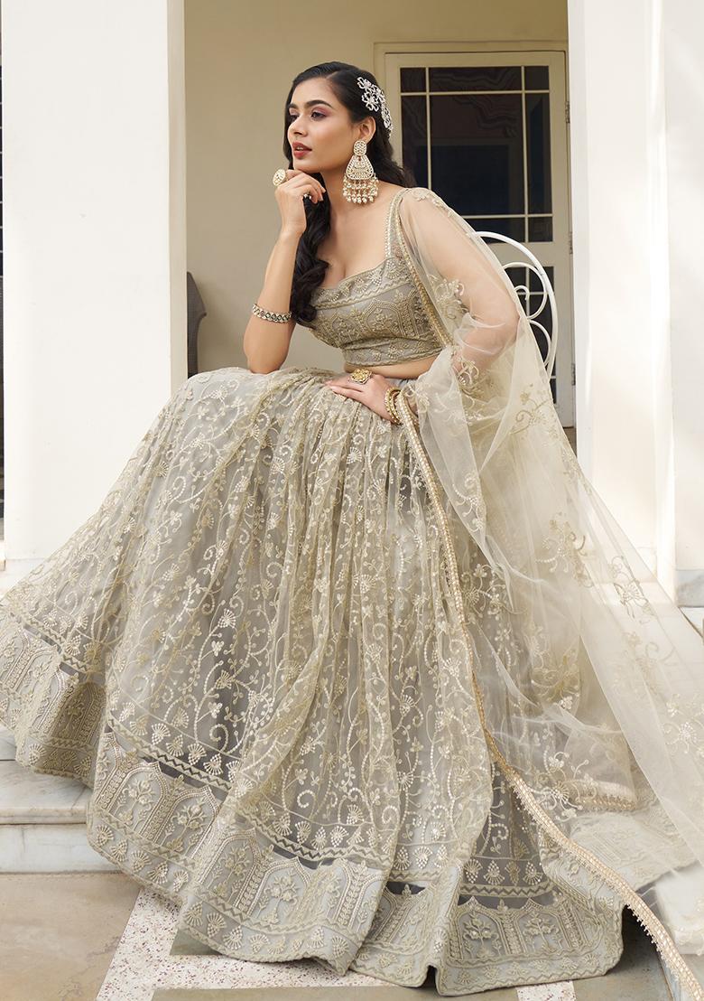 Ivory Embroidered Net Lehenga Set With Dupatta