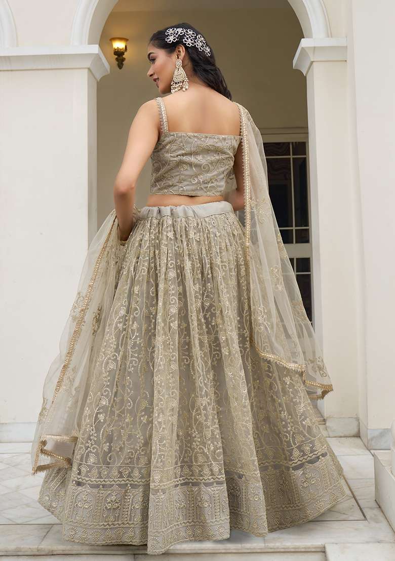 Ivory With Dupatta Net Lehenga Set with Embroidered for Diwali | Wedding & Festive Wear - Indya