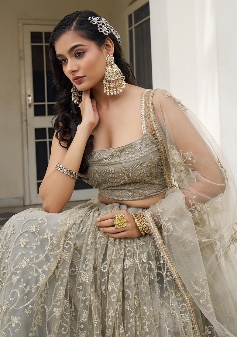 Ivory Embroidered Net Lehenga Set With Dupatta