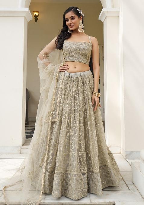 Ivory Embroidered Net Lehenga Set With Dupatta
