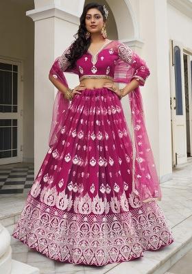 Dark Pink Embroidered Net Lehenga Set With Dupatta