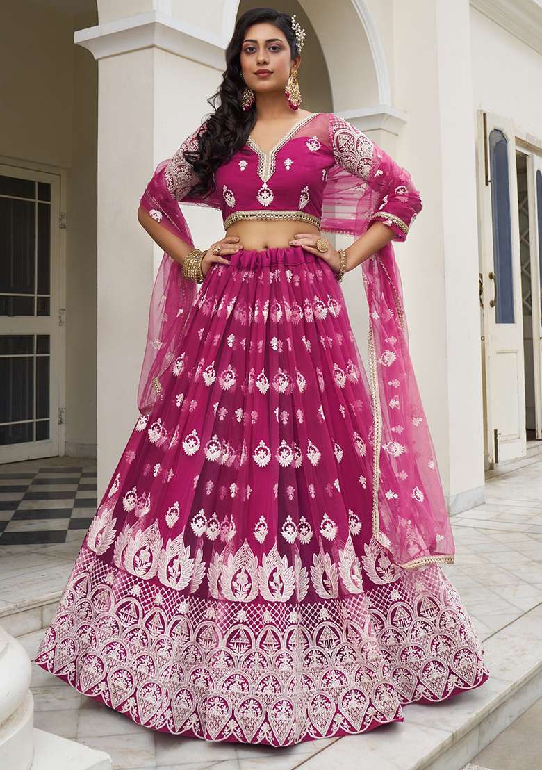 Dark Pink Embroidered Net Lehenga Set With Dupatta for Diwali and Festive Wear - Indya