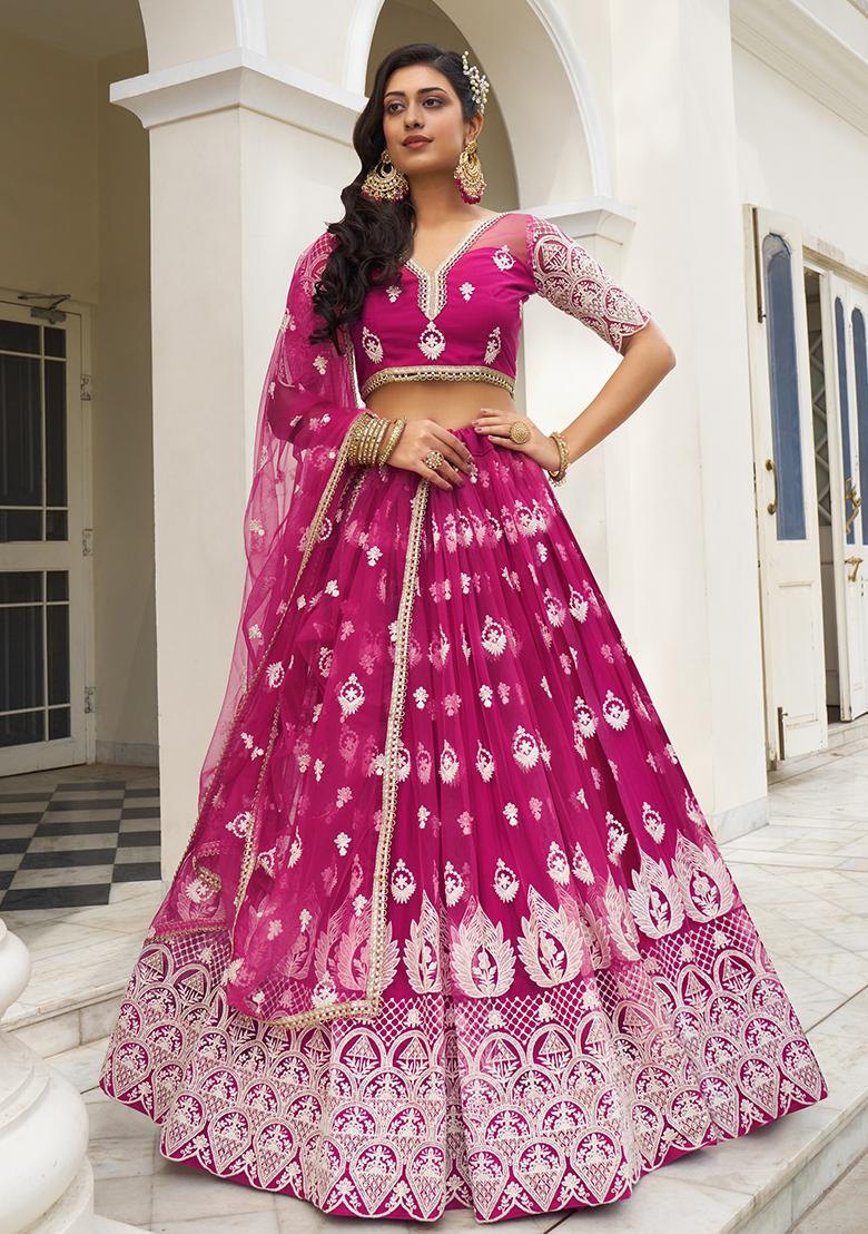 Dark Pink Embroidered Net Lehenga Set With Dupatta