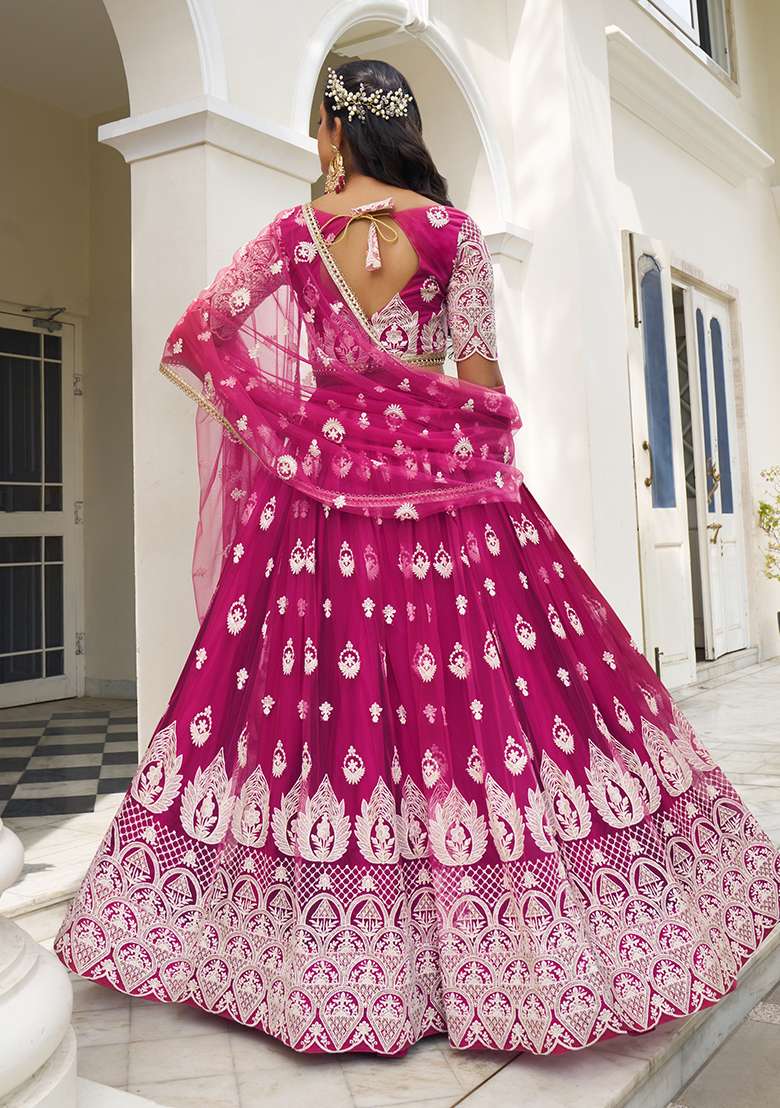 Dark Pink Embroidered Net Lehenga Set With Dupatta for Diwali and Festive Wear - Indya