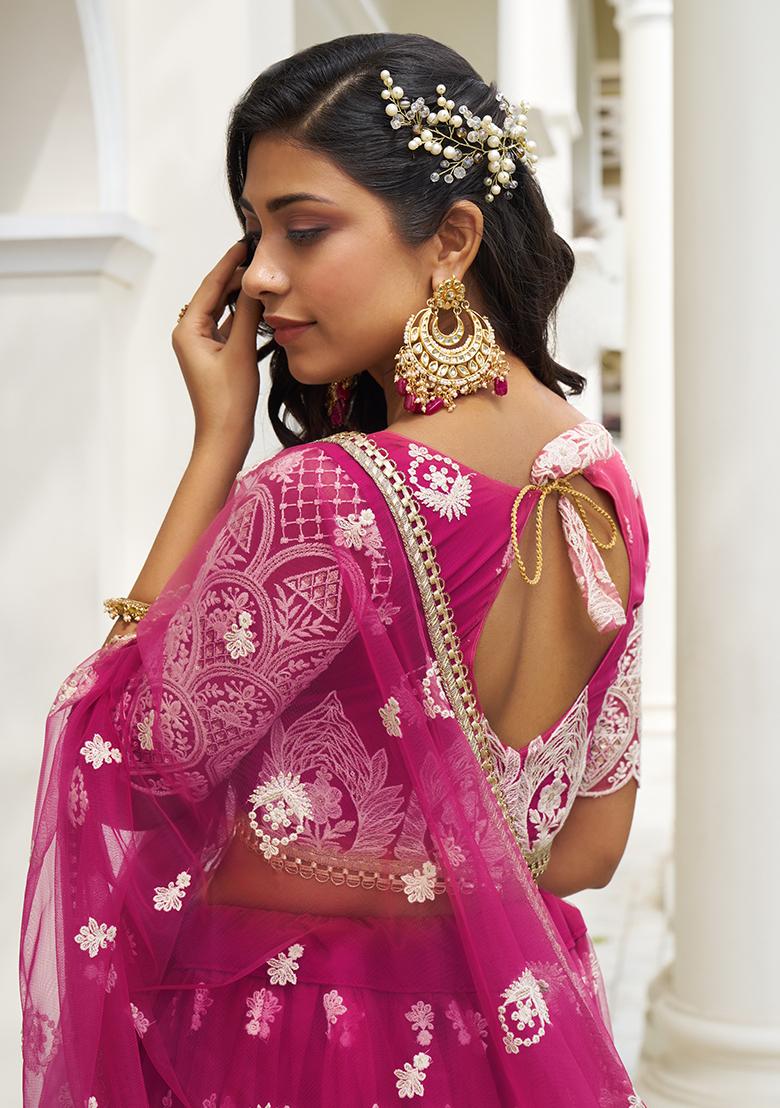 Dark Pink Embroidered Net Lehenga Set With Dupatta