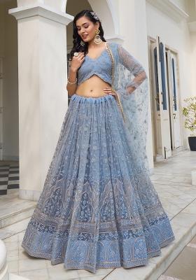 Light Bluegray Embroidered Net Lehenga Set With Dupatta