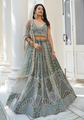 Dusty Green Embroidered Net Lehenga Set With Dupatta