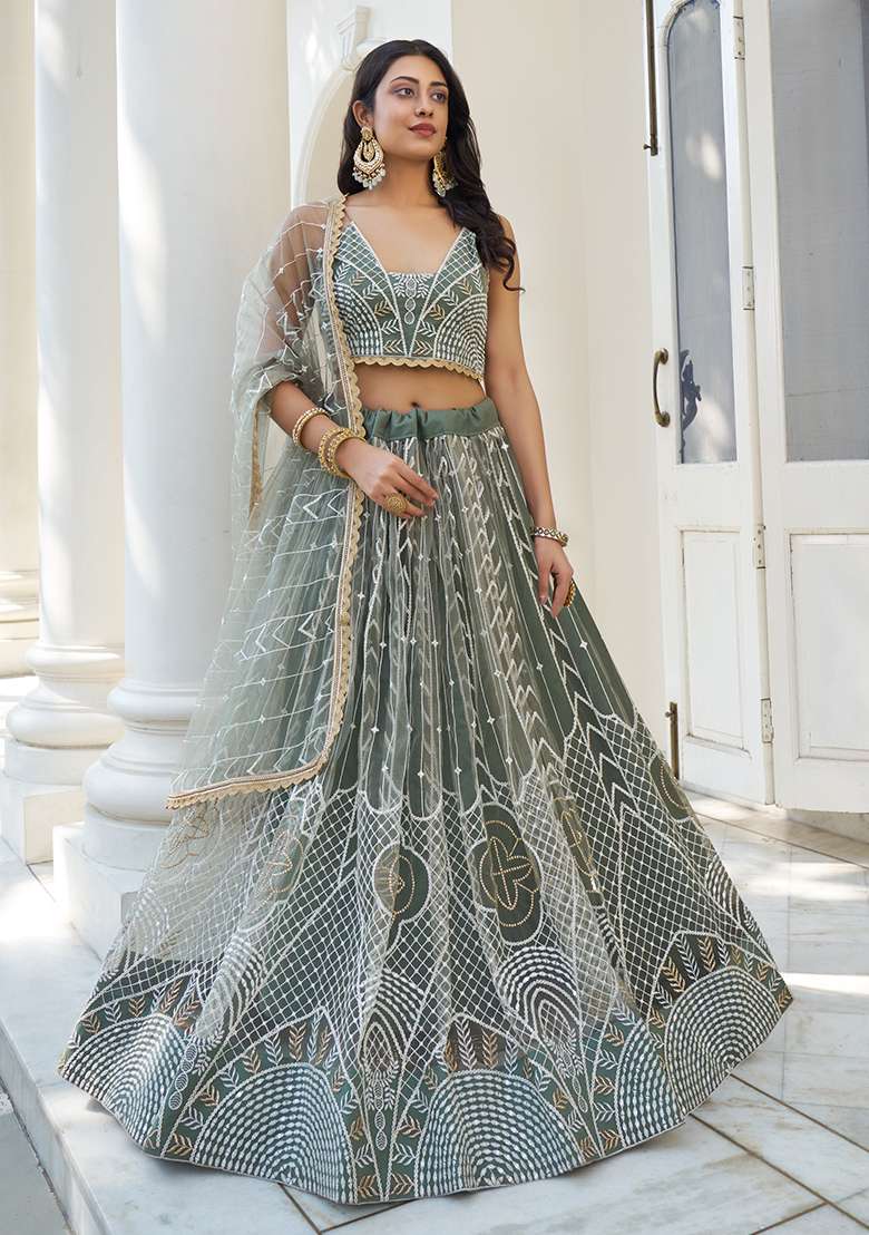 Dusty Green Embroidered Net Lehenga Set With Dupatta for Diwali and Festive Wear - Indya