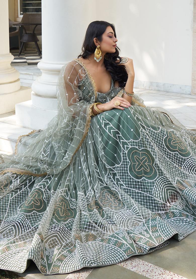Dusty Green Embroidered Net Lehenga Set With Dupatta