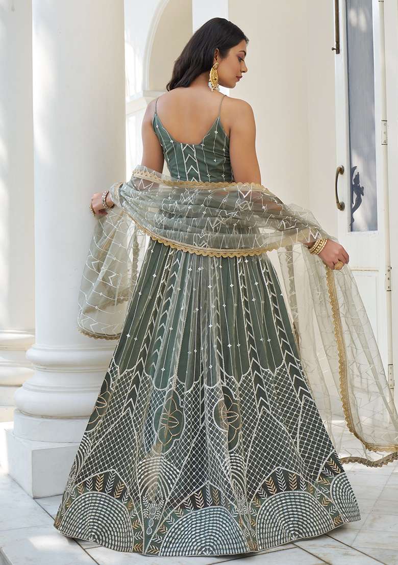 Dusty Green Embroidered Net Lehenga Set With Dupatta for Diwali and Festive Wear - Indya