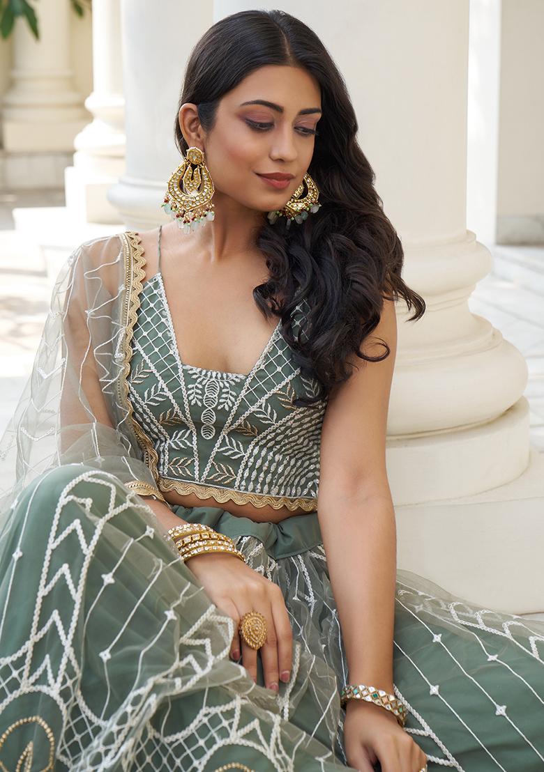 Dusty Green Embroidered Net Lehenga Set With Dupatta