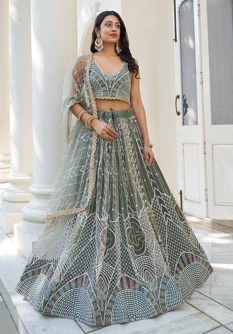 Dusty Green Embroidered Net Lehenga Set With Dupatta