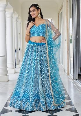 Sky Blue Embroidered Net Lehenga Set With Dupatta