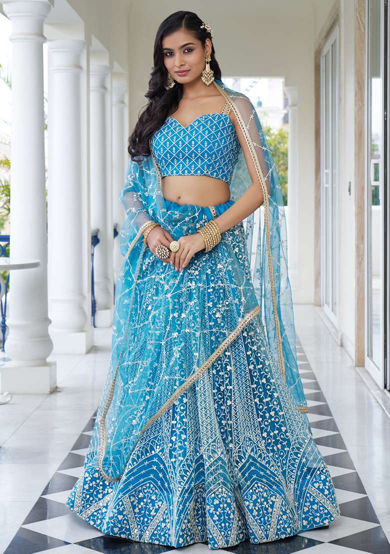 Sky Blue Embroidered Net Lehenga Set With Dupatta for Diwali and Festive Wear - Indya