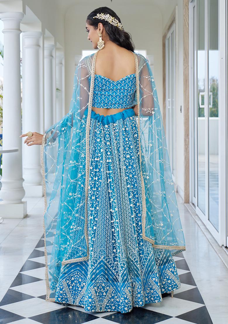 Sky Blue Embroidered Net Lehenga Set With Dupatta