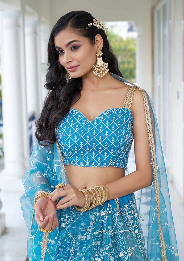 Sky Blue Embroidered Net Lehenga Set With Dupatta for Diwali and Festive Wear - Indya