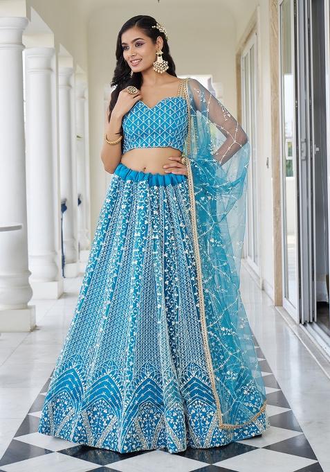 Sky Blue Embroidered Net Lehenga Set With Dupatta