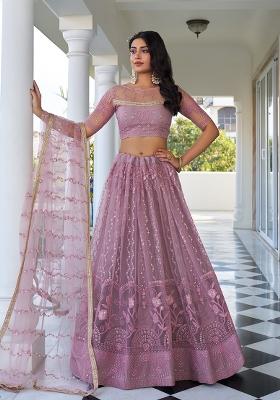 Dusty Pink Embroidered Net Lehenga Set With Dupatta