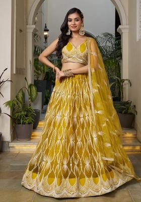Yellow Embroidered Net Lehenga Set With Dupatta