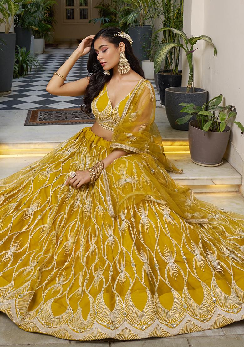 Yellow Embroidered Net Lehenga Set With Dupatta
